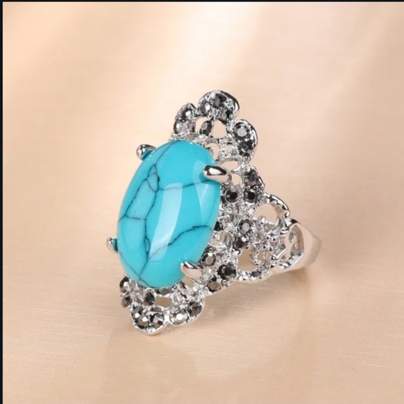 Luxury Jewelry - New! Unique S.S Filled 925 Blue Turquoise Ring